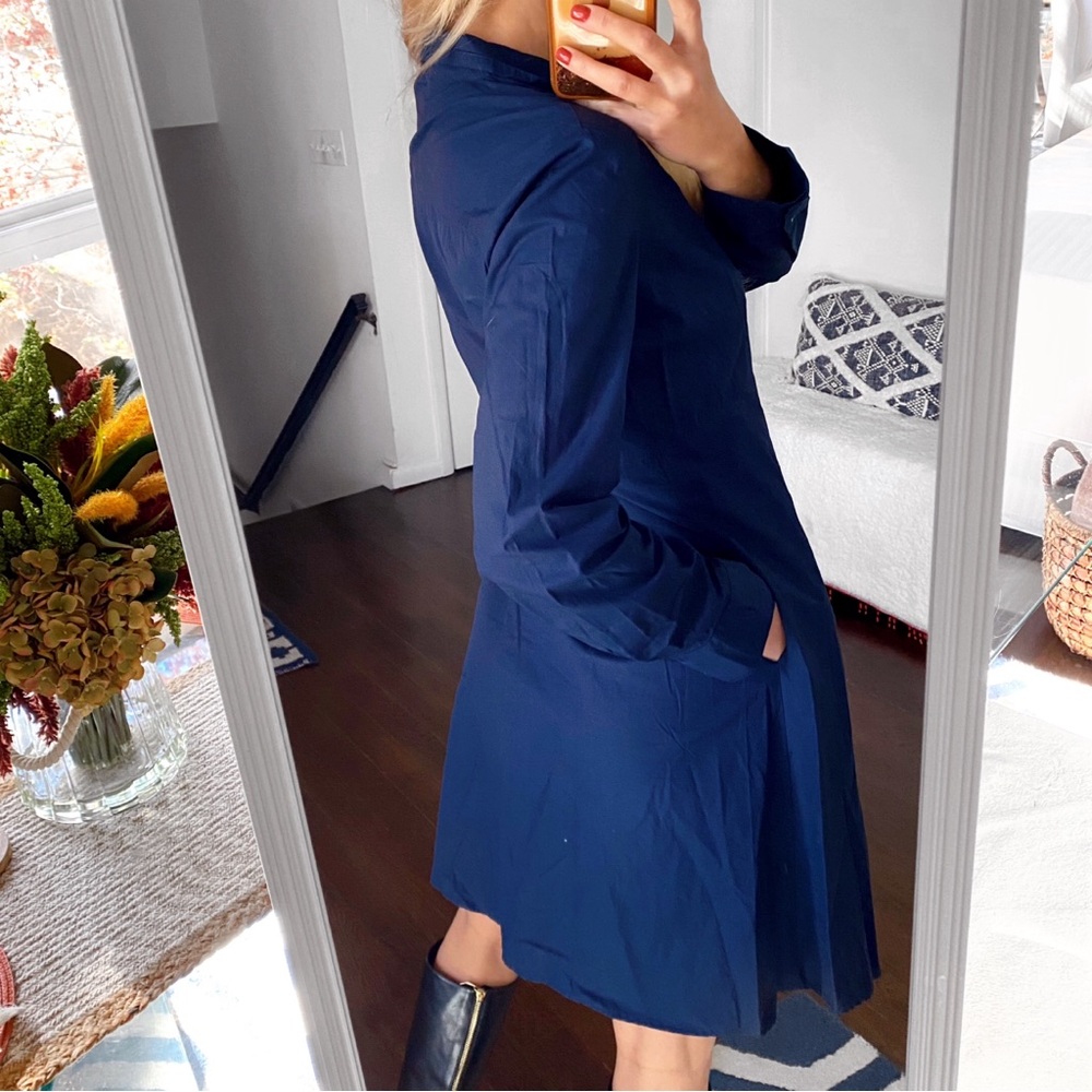 💙 MANGO NAVY COTTON LONG SLEEVE COLLARED KNEE LENGTH BUTTON DOWN DRESS! - Picture 4 of 12
